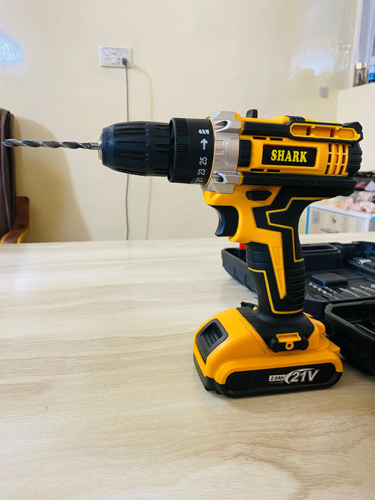 Imported 100% Copper Charging Electric Impact Drill Machine 21 Volt Power Tool Wireless Cordless Rechargeable Drill Machine Double Battery Variable Speed And 14 Torque Control Screw Driver Tightener Toolkit Box - High Quality